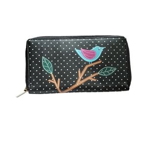 UNION CODE Black Color Bird Sitting on Tree RFID Genuine Leather Applique Wallet
